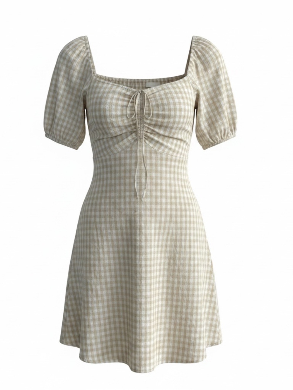 H&M Beige Gingham Puff-Sleeve Mini Dress